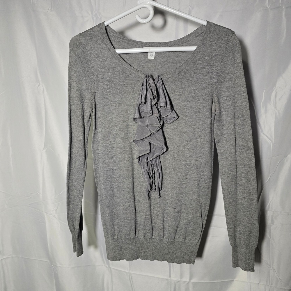 Gap Womens small Grey Cotton Silk Blend Ruffle Front Long Sleeve Knit Sweater